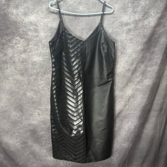 ASOS Genuine Leather Chevron Detail Mini Dress Size 10 Black Strappy Edgy Punk - Picture 1 of 6